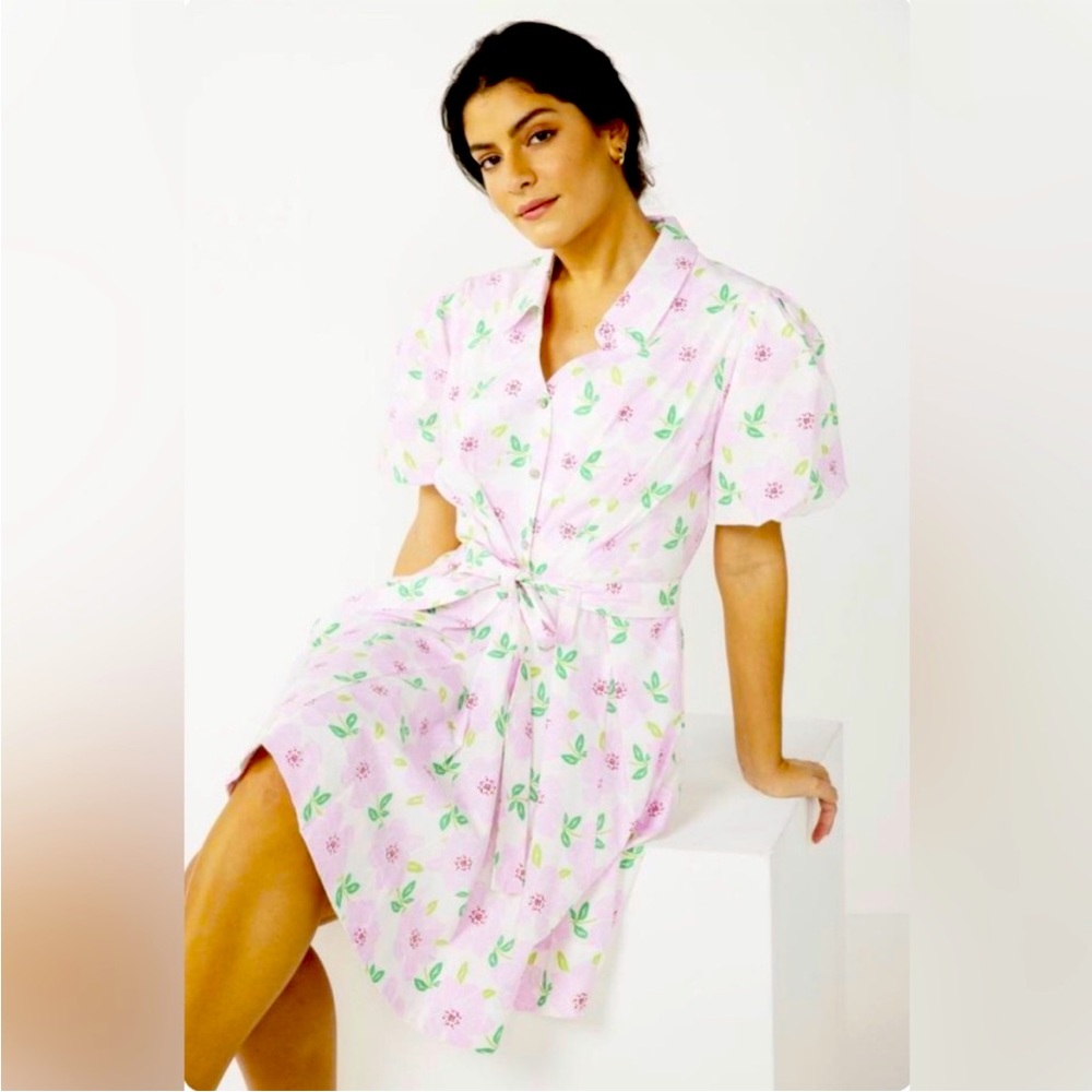 Draper James Pink Floral RSVP Puff Sleeve Button Front Mini Dress Size M…